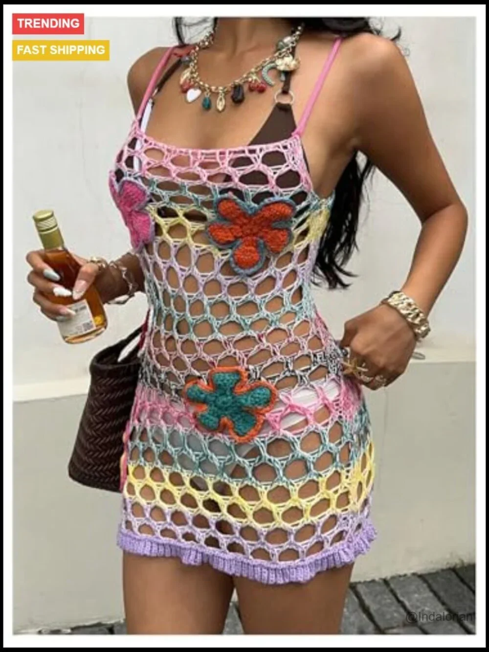 3D Floral Hollow Out Sweater Dress Crochet Bodycon Vacation Outfit